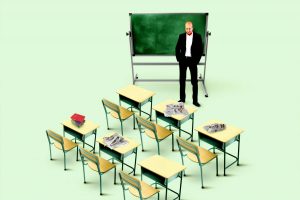 man in black suit standing beside green board