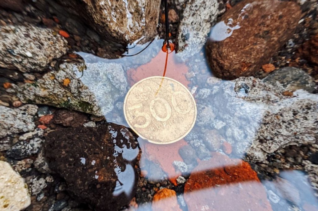 silver round coin on brown and white surface